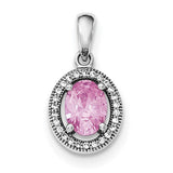Sterling Silver Rhodium-plated w/ Pink & White CZ Oval Pendant - shirin-diamonds
