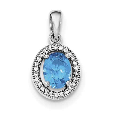Sterling Silver Rhodium-plated w/ Blue & White CZ Oval Pendant - shirin-diamonds