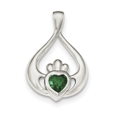 Sterling Silver Green CZ Heart Claddagh Pendant - shirin-diamonds
