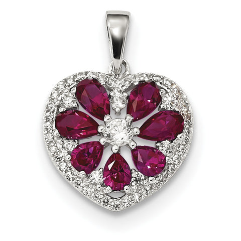 Sterling Silver Polished with CZ and Syn. Ruby Heart Pendant QP4278 - shirin-diamonds