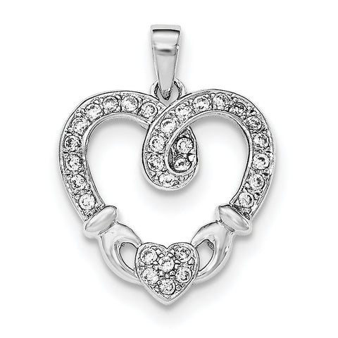 Sterling Silver Rhodium-plated CZ Heart Claddagh Pendant QP4450 - shirin-diamonds