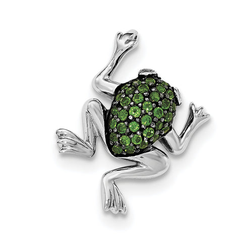 Sterling Silver Rhodium White Topaz & Chrome Diopside Frog Pendant - shirin-diamonds