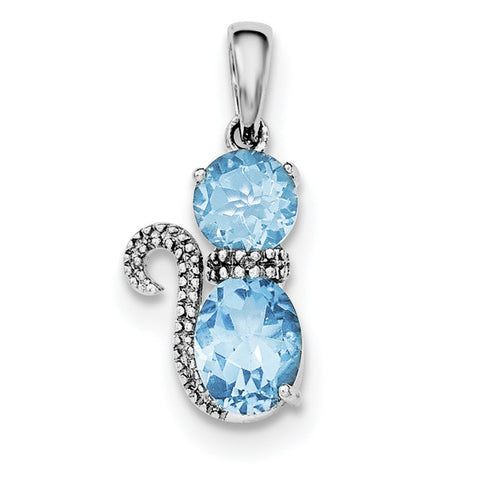 Sterling Silver Rhodium-plated Blue Topaz and Diamond Cat Pendant - shirin-diamonds