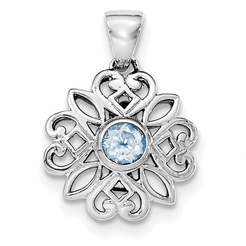 Sterling Silver Rhodium-plated w/Blue Topaz Flower Pendant - shirin-diamonds