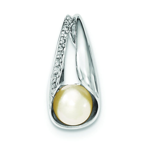 Sterling Silver w/CZ 7-8mm FW Cultured Button Pearl Pendant - shirin-diamonds