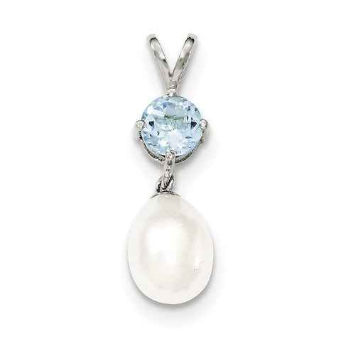 Sterling Silver Blue Topaz & 8-9mm FW Cultured Pearl Teardrop Pendant - shirin-diamonds
