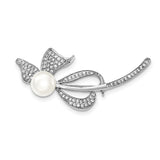 Sterling Silver Rhodium-plated 9-10mm White FWC Pearl CZ Bow Pin - shirin-diamonds