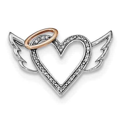 Sterling Silver Rhodium W/10K Rose Gold Dia. Heart/Wings Slide Pendant - shirin-diamonds