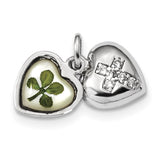 Sterling Silver Platinum Plate Leaf Clover Epoxy & Shell CZ Heart Charm QP4758 - shirin-diamonds