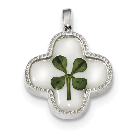 Sterling Silver Platinum Plated Real Clover Epoxy & Shell Pendant QP4762 - shirin-diamonds