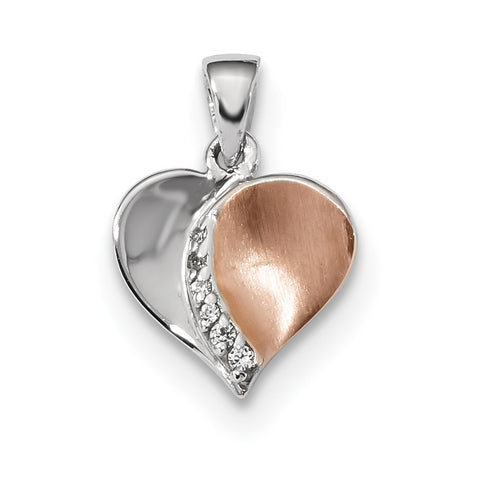 Sterling Silver Rhodium & Rose Gold-plated Polish/Satin CZ Heart Pendant QP4772 - shirin-diamonds