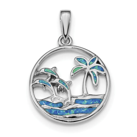 Sterling Silver Rhodium-plated Blue Created Opal Dolphins Pendant QP4869 - shirin-diamonds