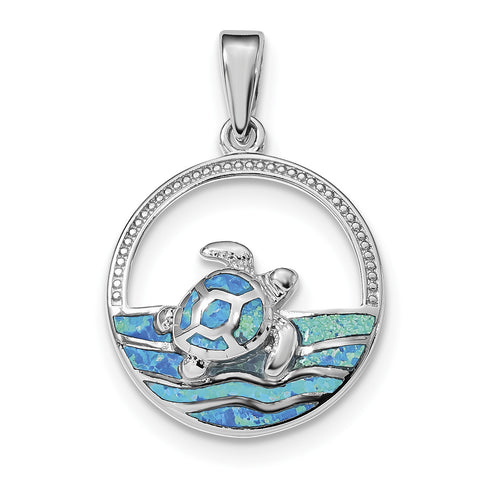 Sterling Silver Rhodium-plated Blue Inlay Created Opal Turtle Pendant QP4871 - shirin-diamonds