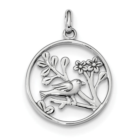 Sterling Silver Rhodium-plated Polished Bird and Flowers Pendant QP4907 - shirin-diamonds