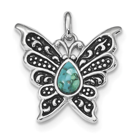Sterling Silver Rhodium/Oxidized Reconstituted Turquoise Butterfly Pendant QP5013 - shirin-diamonds