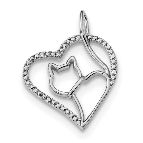 Sterling Silver Rhodium-plated CZ Heart w/Cat Silhouette Pendant QP5018 - shirin-diamonds