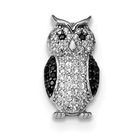 Sterling Silver Rhodium-plated Black & White CZ Owl Slide Pendant QP5021 - shirin-diamonds