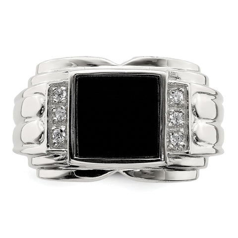Sterling Silver Men's CZ and Onyx Ring QR1277