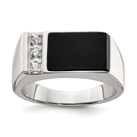 925 Sterling Silver Onyx and Cubic Zirconia Men's Ring