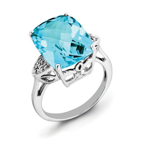 Sterling Silver Rhodium Checker-Cut Blue Topaz & Diam. Ring QR2932BT - shirin-diamonds