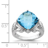 Sterling Silver Rhodium Checker-Cut Blue Topaz Ring QR2945BT