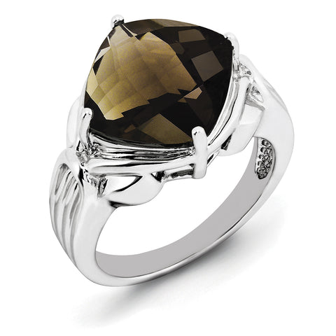 Sterling Silver Rhodium Checker-Cut Smoky Quartz Ring QR2945SQ - shirin-diamonds