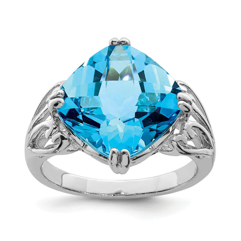 Sterling Silver Rhodium Checker-Cut Blue Topaz Ring QR2951BT