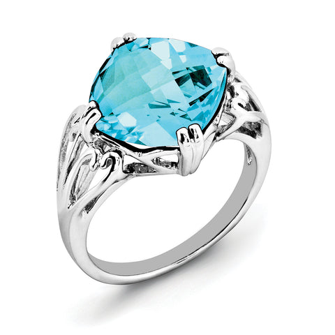 Sterling Silver Rhodium Checker-Cut Blue Topaz Ring QR2951BT - shirin-diamonds
