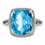 Sterling Silver Rhodium Checker-Cut Blue Topaz Ring QR2956BT