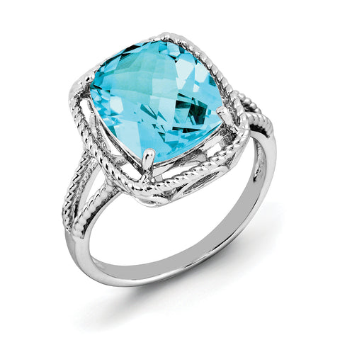 Sterling Silver Rhodium Checker-Cut Blue Topaz Ring QR2956BT - shirin-diamonds