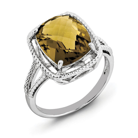 Sterling Silver Rhodium Checker-Cut Whiskey Quartz Ring QR2956WQ - shirin-diamonds