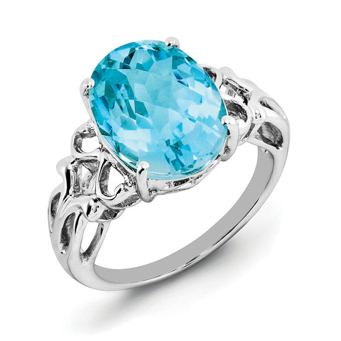 Sterling Silver Rhodium Oval Checker-Cut Blue Topaz Ring QR2959BT - shirin-diamonds