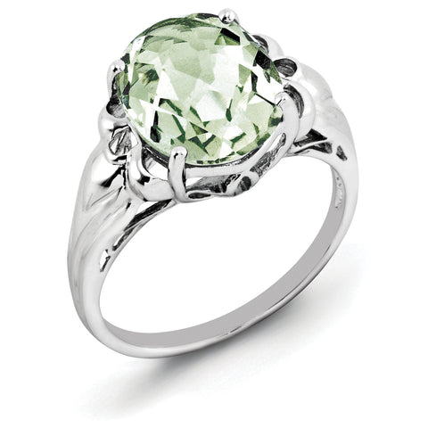 Sterling Silver Rhodium Oval Checker-Cut Green Quartz Ring QR2960AG - shirin-diamonds