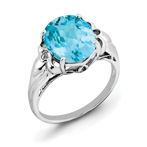 Sterling Silver Rhodium Oval Checker-Cut Blue Topaz Ring QR2960BT - shirin-diamonds