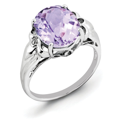 Sterling Silver Rhodium Oval Checker-Cut Pink Quartz Ring QR2960PQ - shirin-diamonds