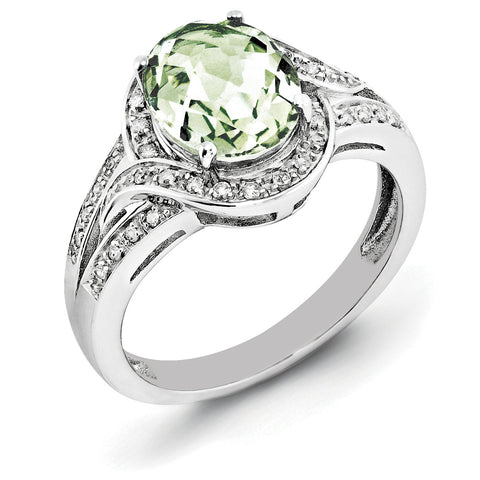 Sterling Silver Rhodium Diam. & Checker-Cut Green Quartz Ring QR3026AG - shirin-diamonds