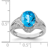 Sterling Silver Rhodium Diam. & Checker-Cut Blue Topaz Ring QR3026BT