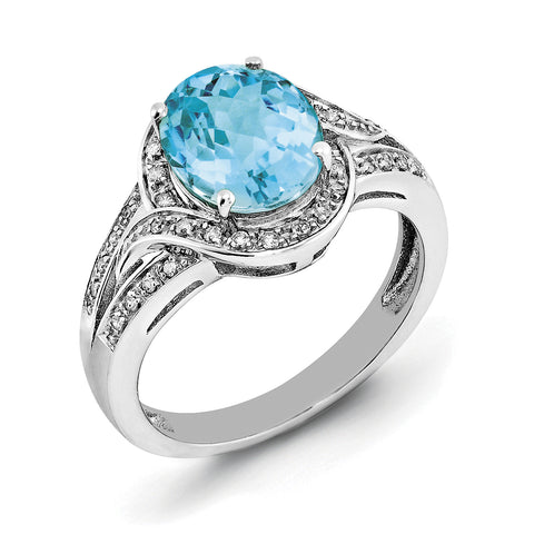 Sterling Silver Rhodium Diam. & Checker-Cut Blue Topaz Ring QR3026BT - shirin-diamonds