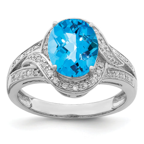 Sterling Silver Rhodium Diam. & Checker-Cut Blue Topaz Ring QR3026BT