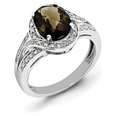 Sterling Silver Rhodium Diam. & Checker-Cut Smoky Quartz Ring QR3026SQ - shirin-diamonds