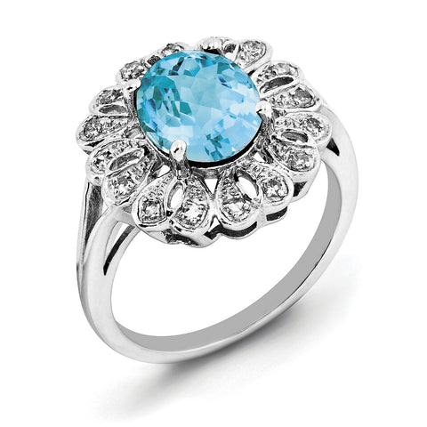 Sterling Silver Rhodium Diam. & Checker-Cut Blue Topaz Ring QR3028BT - shirin-diamonds