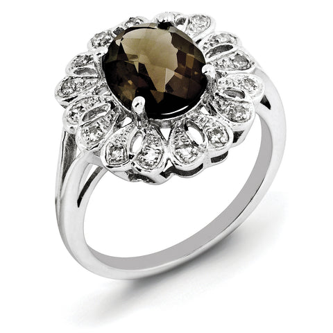 Sterling Silver Rhodium Diam. & Checker-Cut Smoky Quartz Ring QR3028SQ - shirin-diamonds