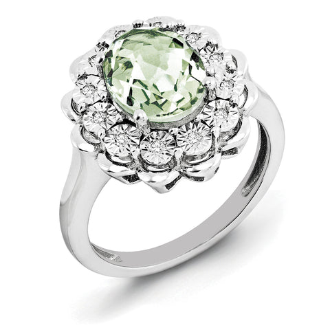 Sterling Silver Rhodium Diam. & Checker-Cut Green Quartz Ring QR3029AG - shirin-diamonds