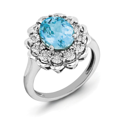 Sterling Silver Rhodium Diam. & Checker-Cut Light Swiss Blue Topaz Ring QR3029LSBT - shirin-diamonds