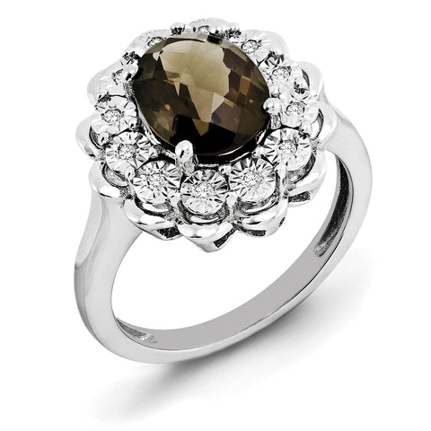 Sterling Silver Rhodium Diam. & Checker-Cut Smoky Quartz Ring QR3029SQ - shirin-diamonds