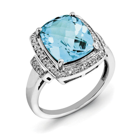 Sterling Silver Rhodium Diam. & Checker-Cut Light Swiss Blue Topaz Ring QR3030LSBT - shirin-diamonds