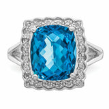 Sterling Silver Rhodium Diam. & Checker-Cut Blue Topaz Ring QR3031BT