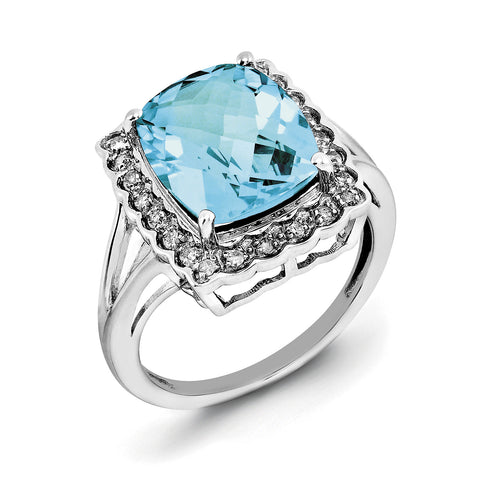 Sterling Silver Rhodium Diam. & Checker-Cut Blue Topaz Ring QR3031BT - shirin-diamonds