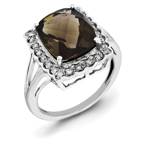 Sterling Silver Rhodium Diam. & Checker-Cut Smoky Quartz Ring QR3031SQ - shirin-diamonds