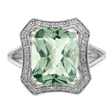 Sterling Silver Rhodium Diam. & Checker-Cut Green Quartz Ring QR3033AG